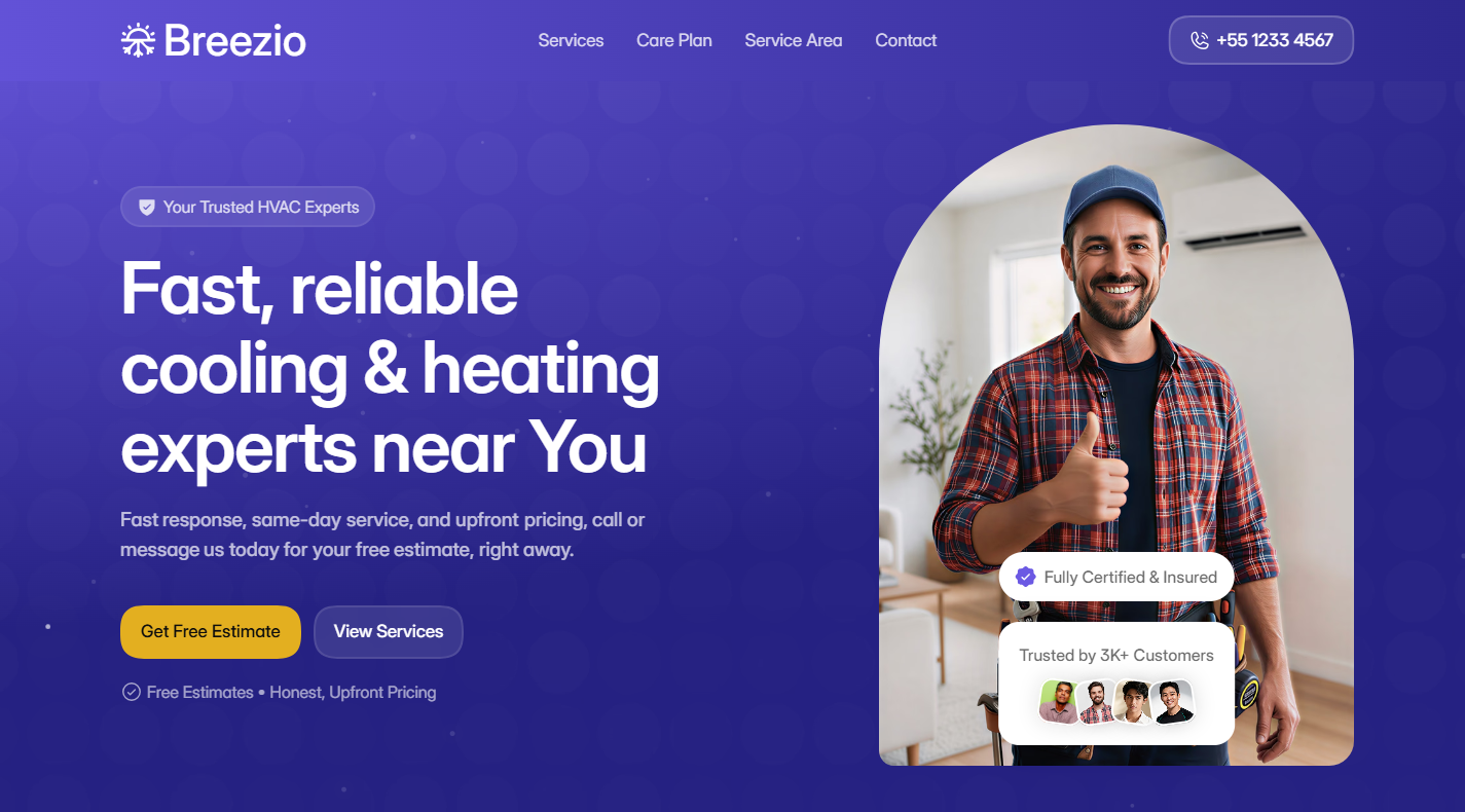 Breezio HVAC website hero